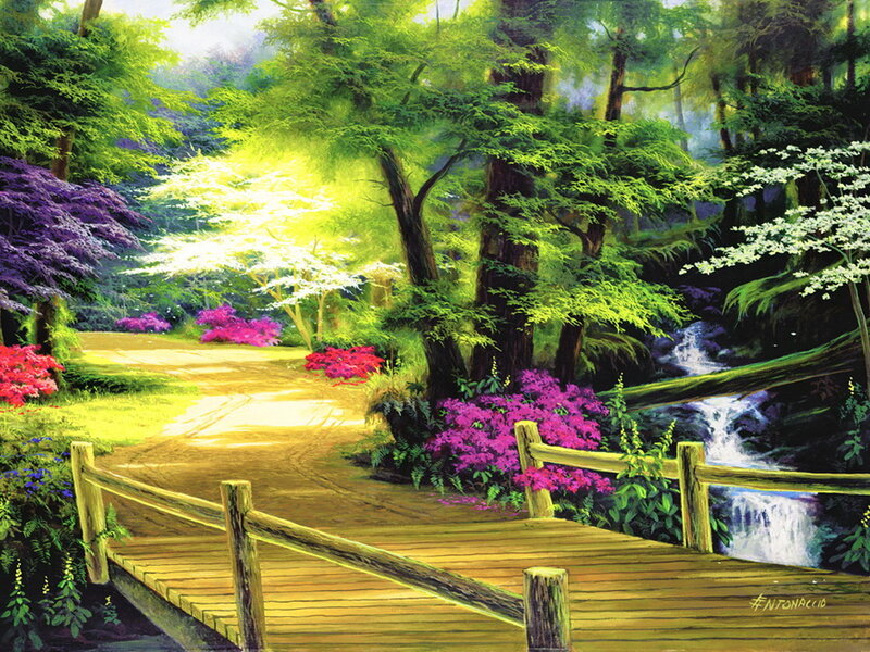 Wooden Bridge in Forest — Green, Serene, Afternoon, Painting, Stream