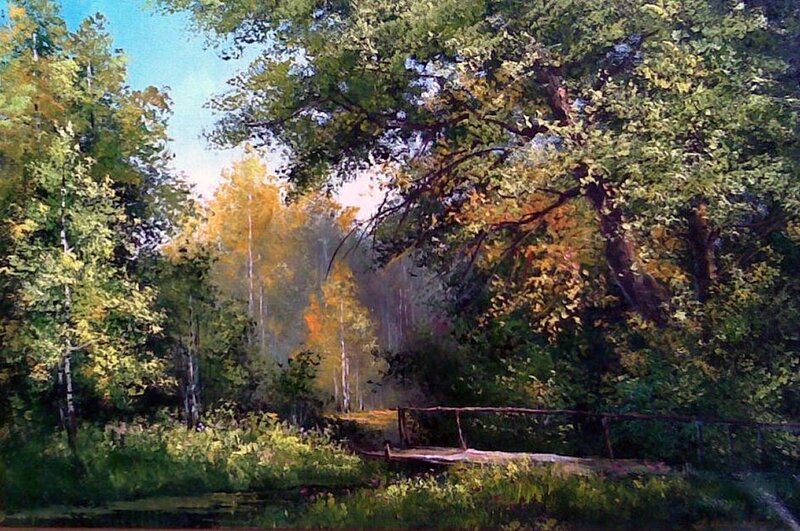 Wooden Bridge in Forest — Green, Serene, Afternoon, Painting