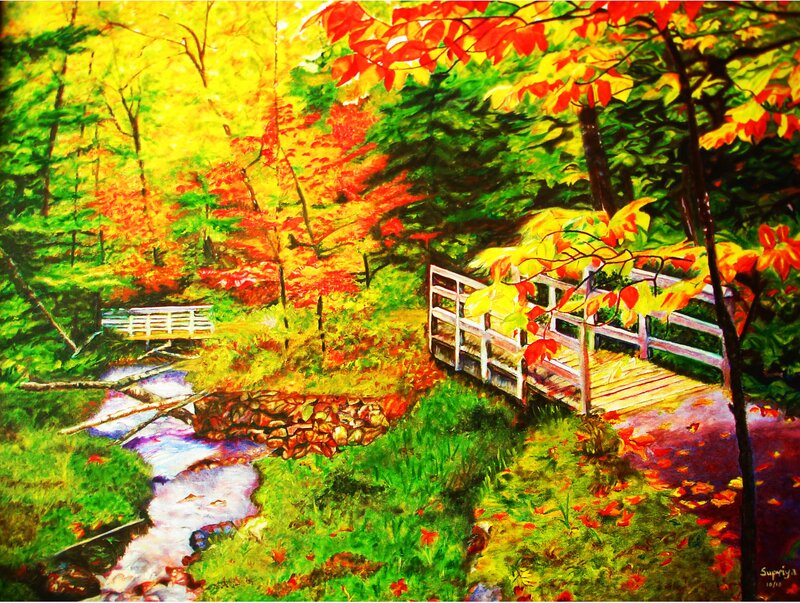 Wooden Bridge in Forest — Green, Serene, Autumn, Painting