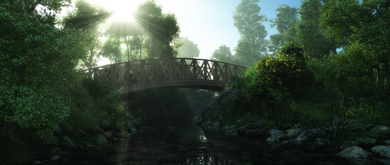 Wooden Bridge in Forest — Green, Serene, Morning, 3d Render