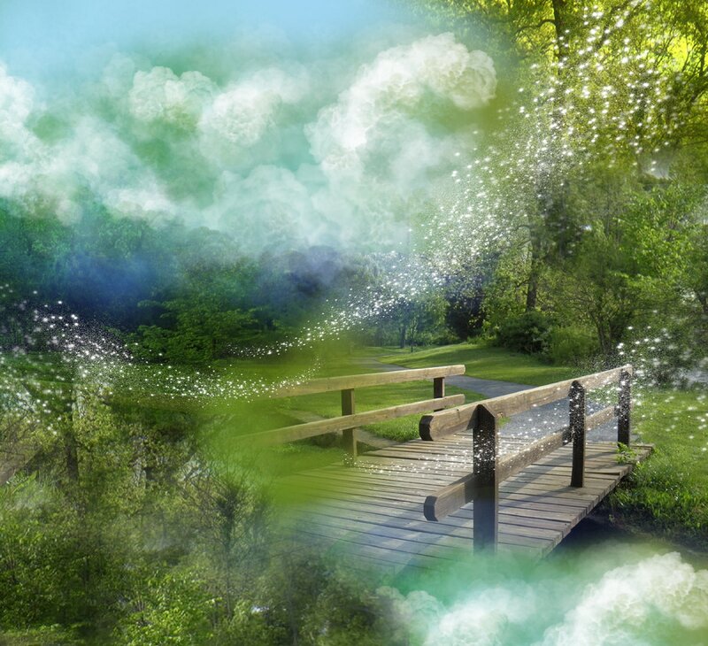 Wooden Bridge in Forest — Green, Serene, Morning, Digital Art