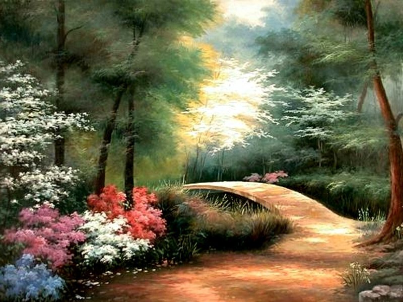 Wooden Bridge in Forest — Green, Serene, Morning, Painting