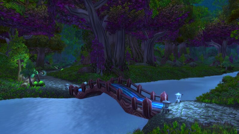 Wooden Bridge in Forest — Purple, Serene, Night