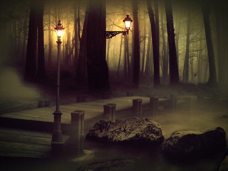 Wooden Bridge in Forest — Yellow, Mysterious
