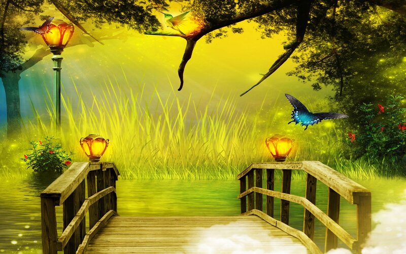 Wooden Bridge in Forest — Yellow, Serene, Night