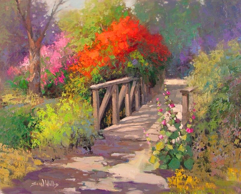 Wooden Bridge in Garden — Green, Serene, Afternoon, Painting