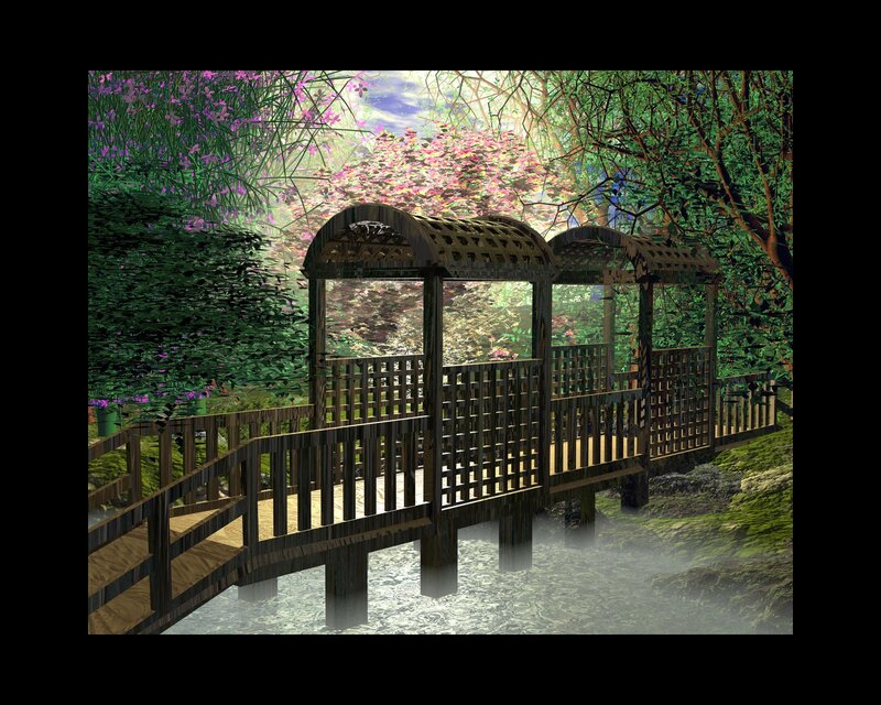 Wooden Bridge in Garden — Green, Serene, Spring, 3d Render