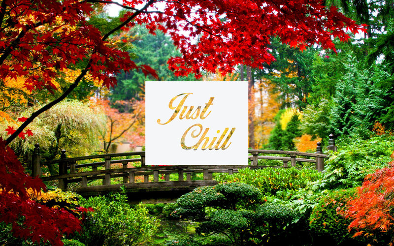 Wooden Bridge in Garden — Red, Serene, Autumn, Photograph, Red Leaves