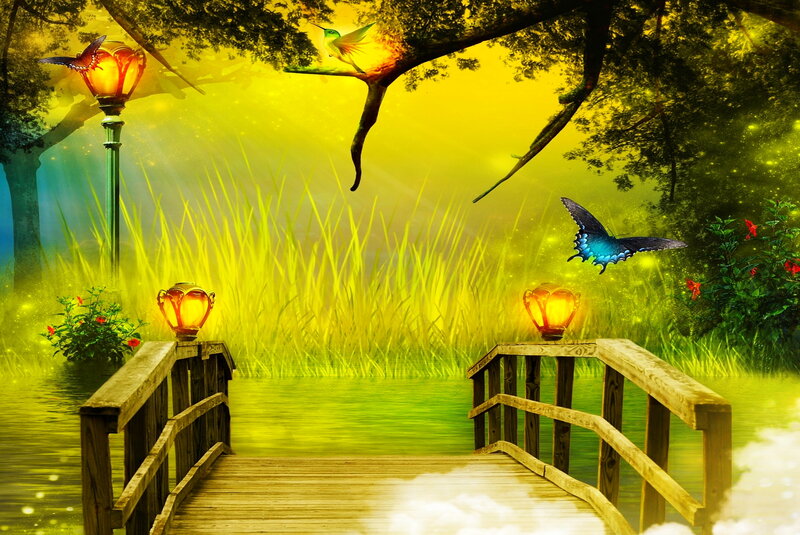 Wooden Bridge in Garden — Yellow, Serene