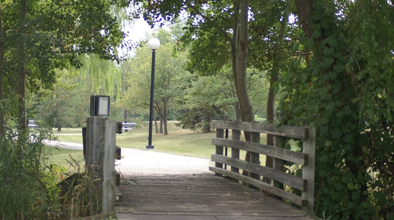 Wooden Bridge in Park — Green, Serene, Afternoon, Photograph, Trees, Path