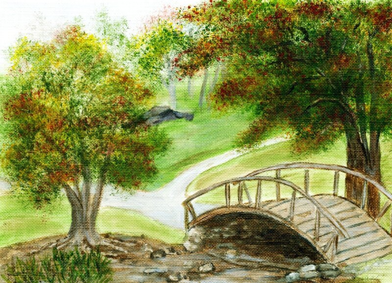 Wooden Bridge in Park — Green, Serene, Autumn