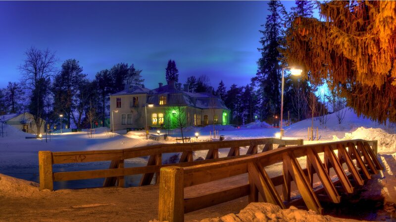 Wooden Bridge in Snow — Blue, Serene, Night