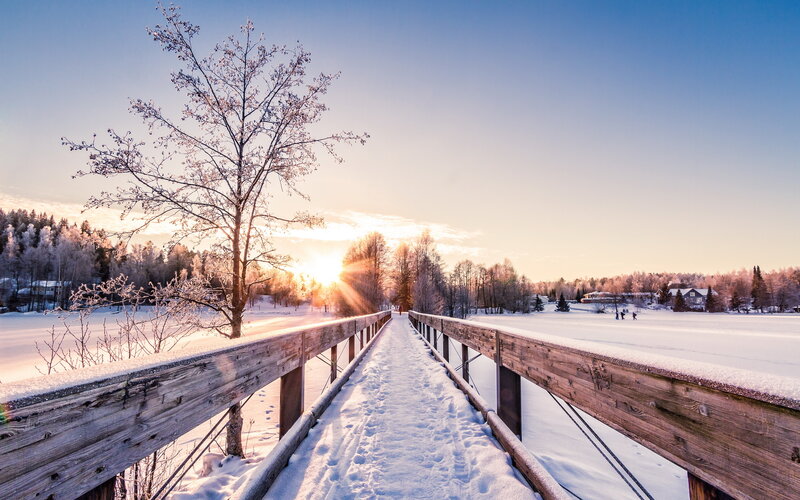 Wooden Bridge in Snow — Blue, Serene