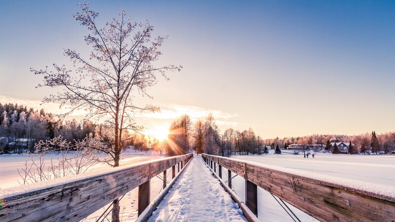 Wooden Bridge in Snow — Blue, Serene, Winter