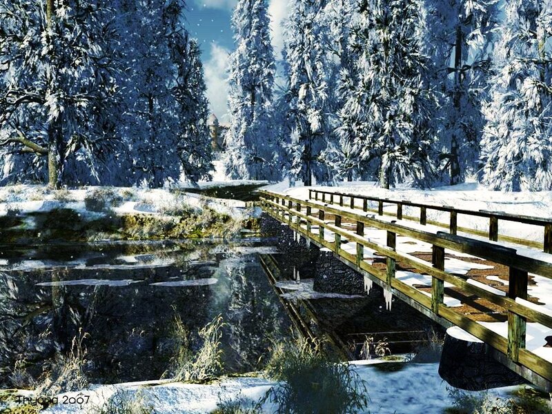 Wooden Bridge in Snow — White, Serene
