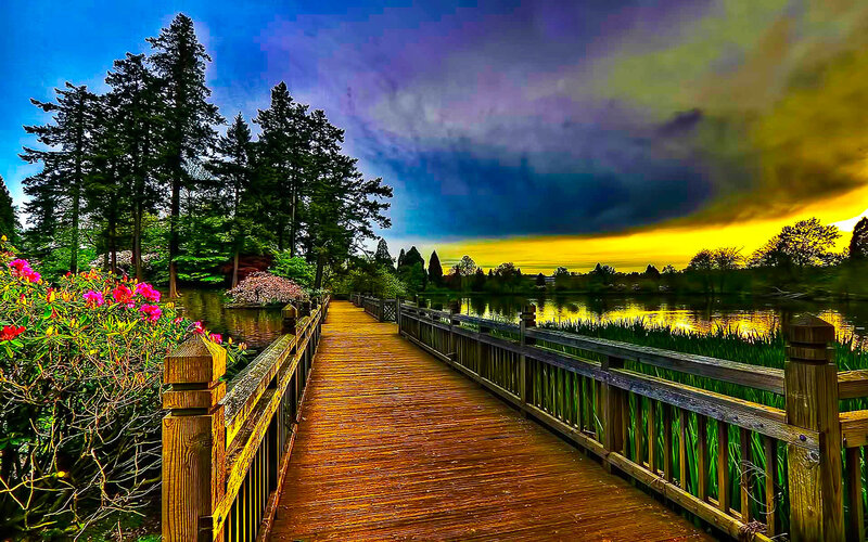 Wooden bridge over a lake at sunset