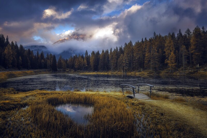 Wooden Bridge over Lake — Blue, Dramatic, Autumn