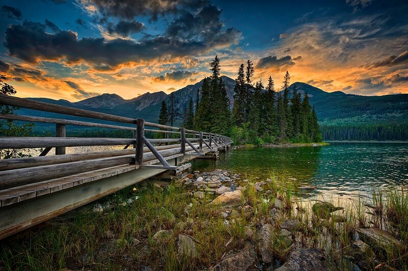 Wooden Bridge over Lake — Blue, Dramatic