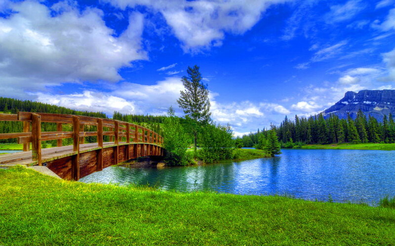 Wooden Bridge over Lake — Blue, Serene, Afternoon, Photograph, Mountain