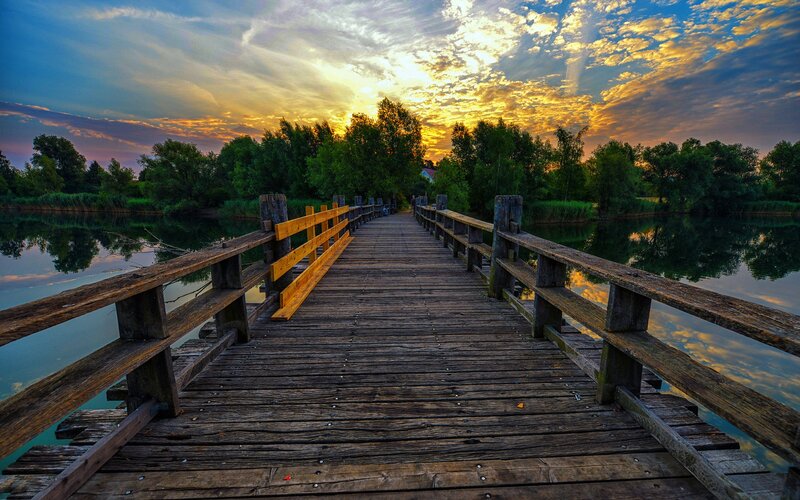 Wooden Bridge over Lake — Blue, Serene, Sunset, Photograph
