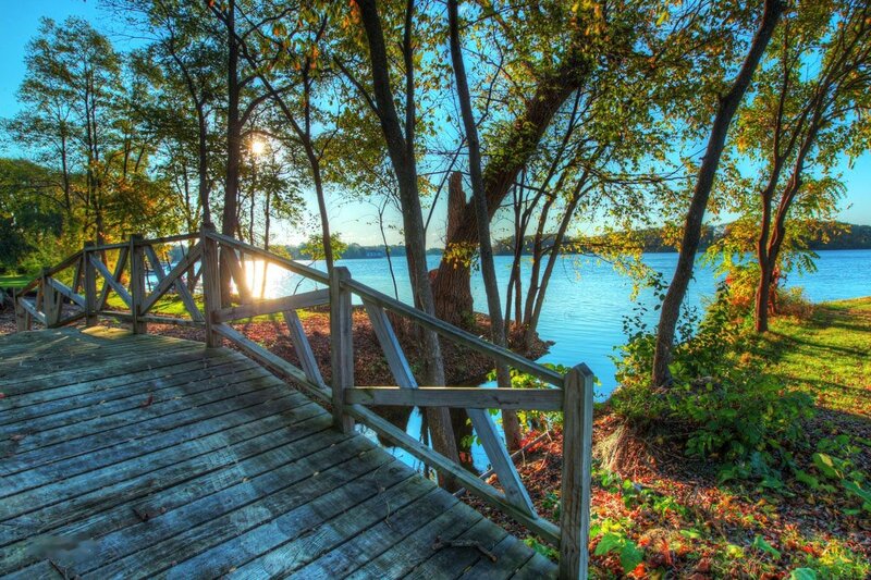 Wooden Bridge over Lake — Blue, Serene, Sunset