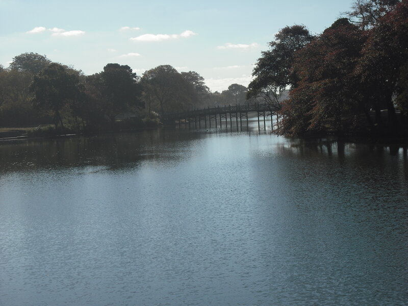 Wooden Bridge over Lake — Blue, Serene