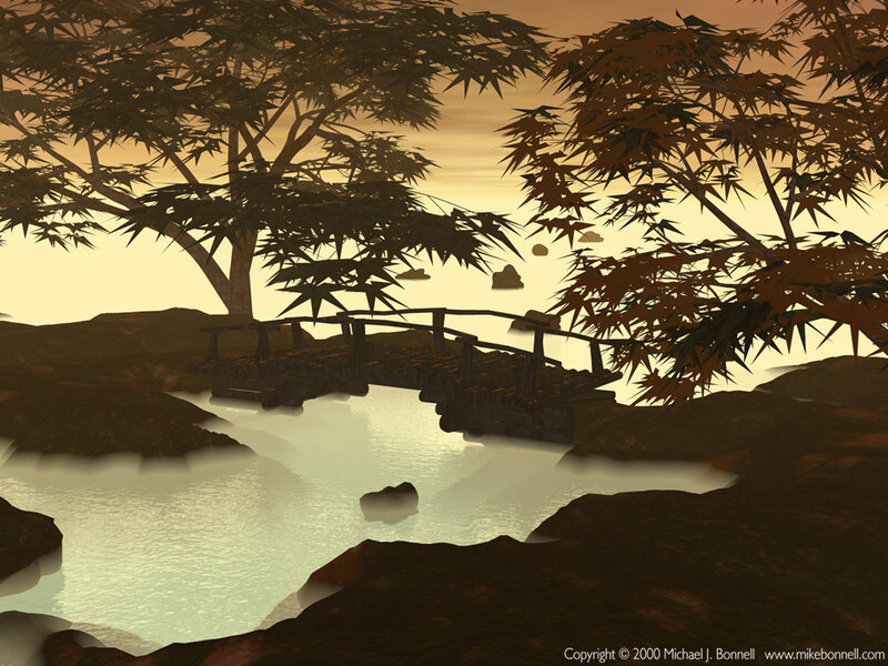 Wooden bridge over misty river