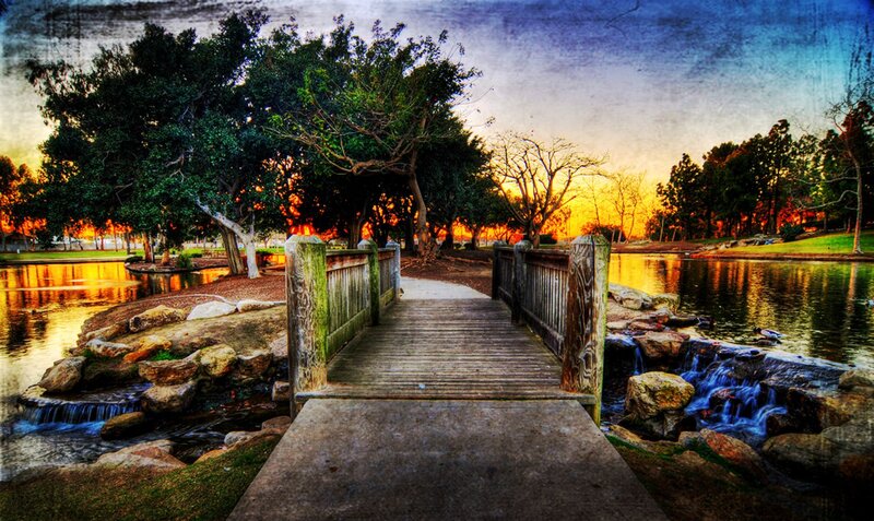 Wooden Bridge over Pond — Blue