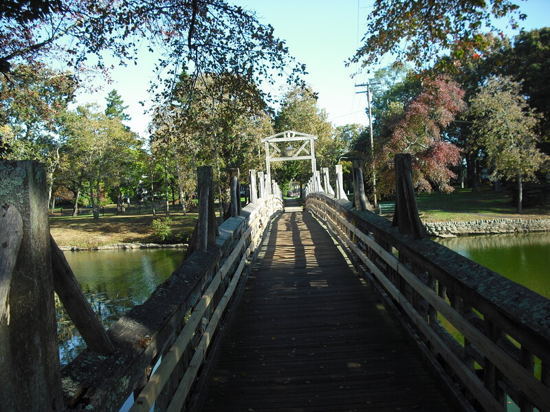 Wooden Bridge over Pond — Brown, Serene, Afternoon