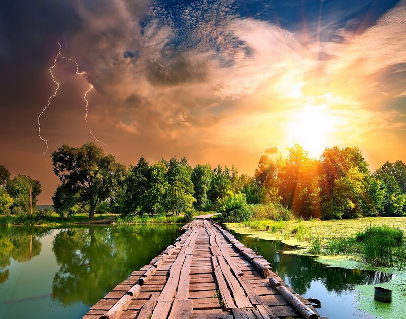 Wooden Bridge over Pond — Green, Dramatic, Sunset