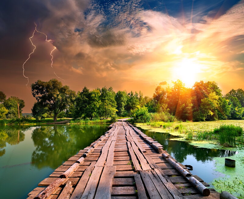 Wooden Bridge over Pond — Green, Dramatic