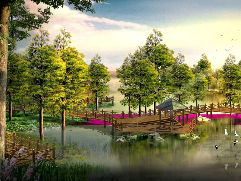 Wooden Bridge over Pond — Green, Serene, Afternoon, Digital Art