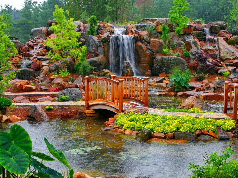 Wooden Bridge over Pond — Green, Serene, Afternoon, Photograph, Waterfall