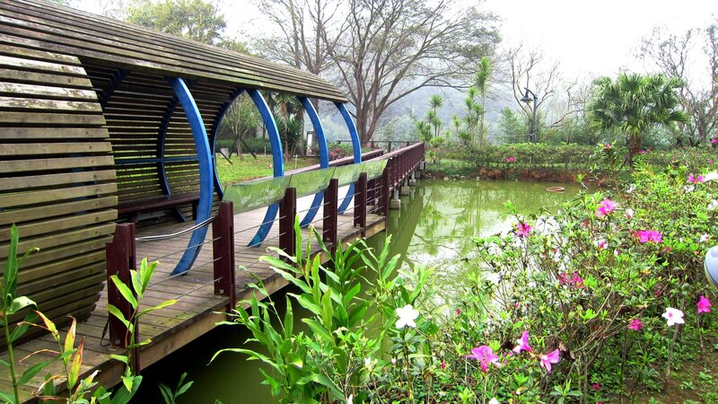 Wooden Bridge over Pond — Green, Serene, Spring, Photograph, Flowers