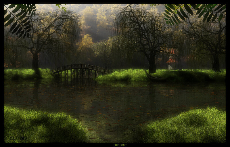 Wooden Bridge over Pond — Green