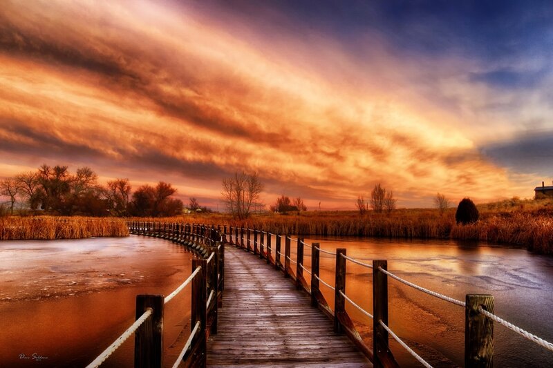 Wooden Bridge over Pond — Orange, Dramatic, Sunset