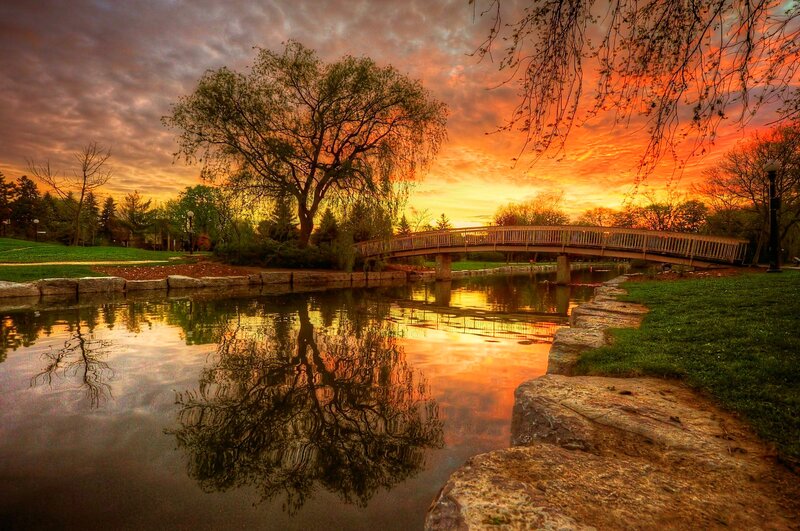 Wooden Bridge over Pond — Orange, Dramatic
