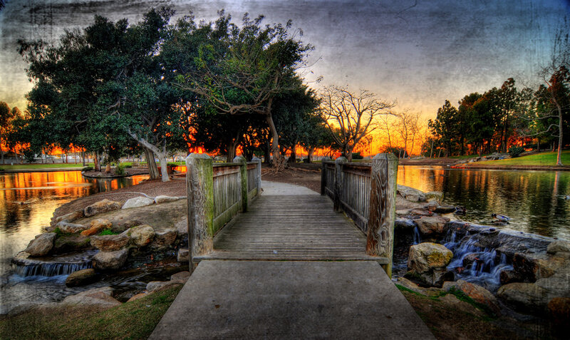 Wooden Bridge over Pond — Orange, Serene, Sunset