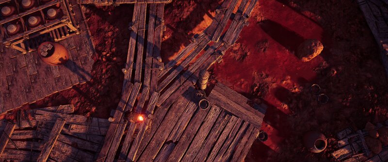 Wooden Bridge over Red Liquid