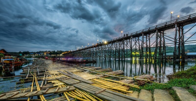 Wooden Bridge over River — Blue, Dramatic
