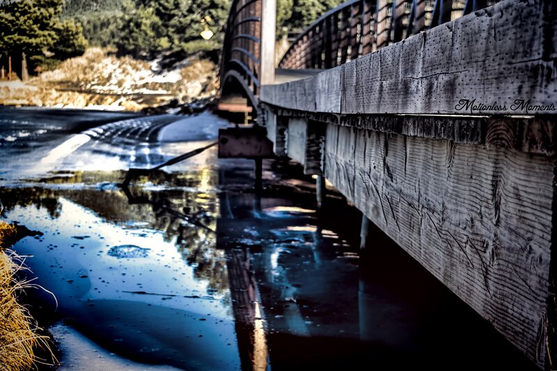 Wooden Bridge over River — Blue, Dramatic, Winter