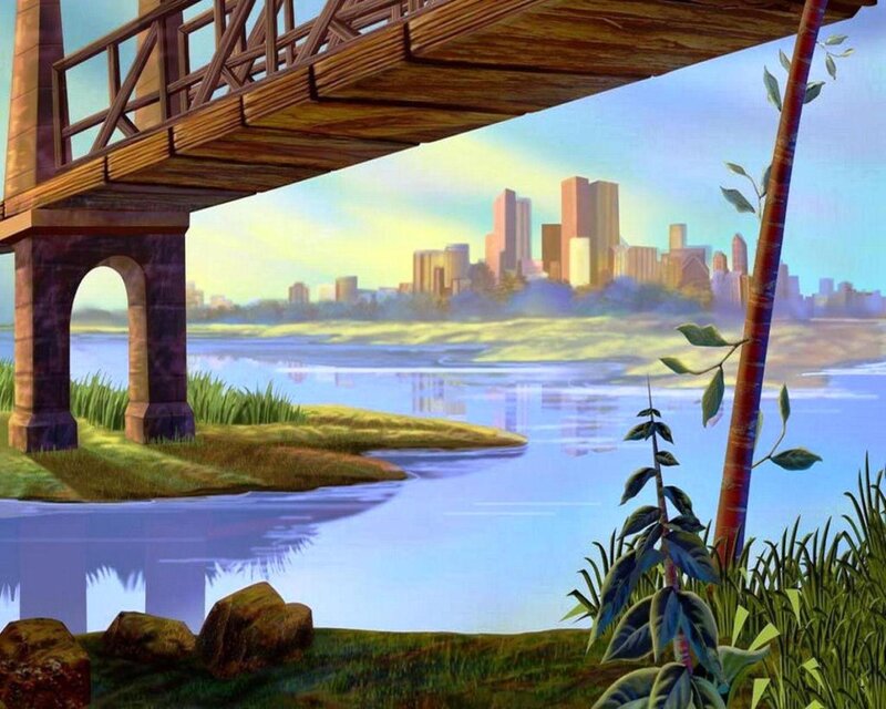 Wooden Bridge over River — Blue, Serene, Morning