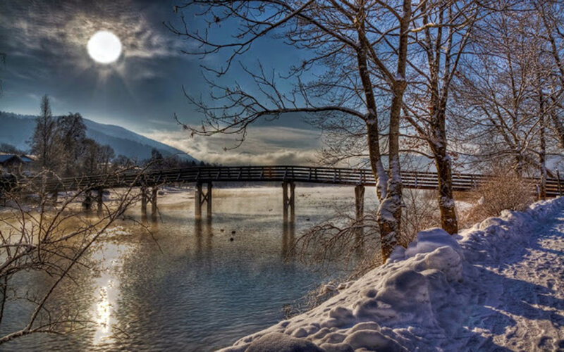 Wooden Bridge over River — Blue, Serene, Winter