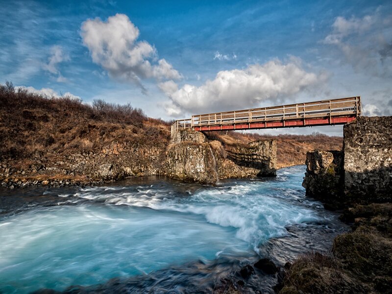 Wooden Bridge over River — Blue