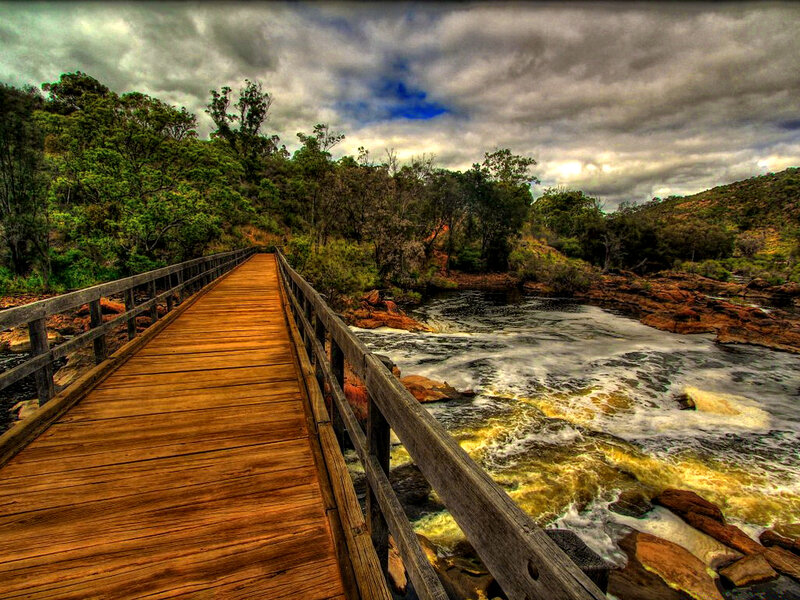Wooden Bridge over River — Brown, Dramatic