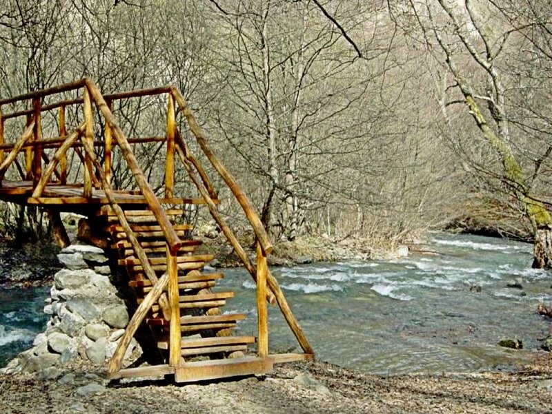 Wooden Bridge over River — Brown, Serene, Winter