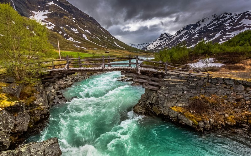 Wooden Bridge over River — Green, Dramatic, Spring, Photograph