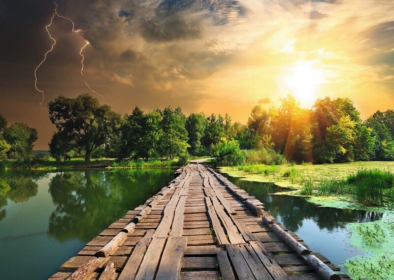 Wooden Bridge over River — Green, Dramatic, Sunset, Photograph