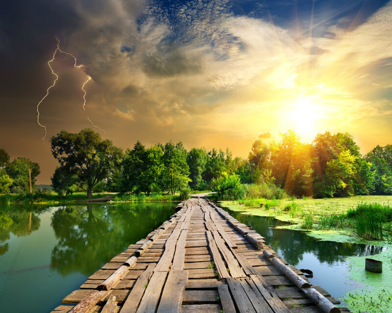 Wooden Bridge over River — Green, Dramatic, Sunset