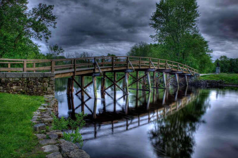 Wooden Bridge over River — Green, Dramatic